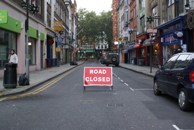 A road sign closing off Denmark Street ('Tin Pan Alley'), London, to signify No Music Day 2006